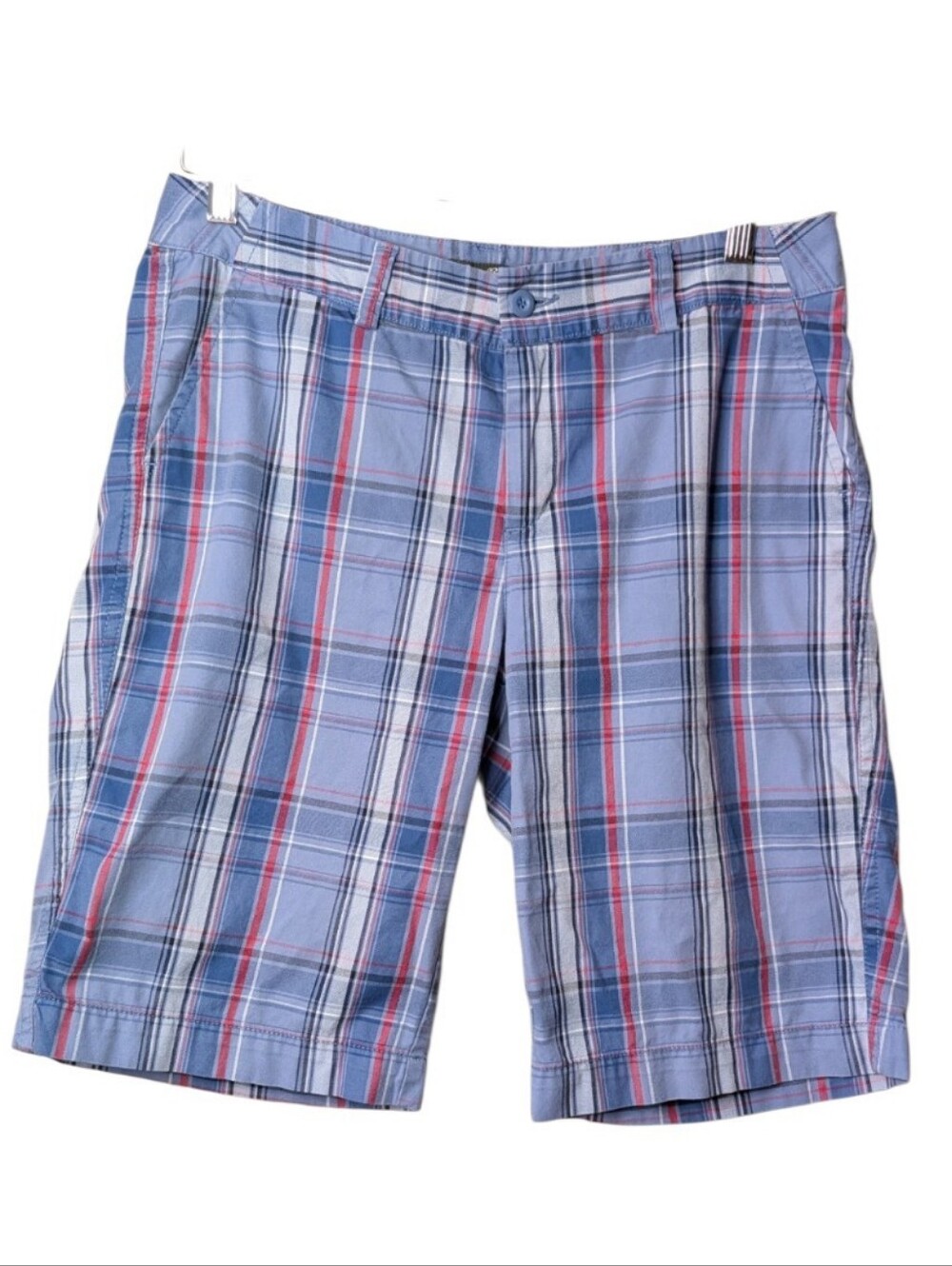 Eddie Bauer Women's Blue Red Plaid Bermuda Shorts Size 8 Flat Front Casual Chino